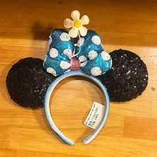 Disney- Parks Blue White Polka Dot Bow Timeless Flower Minnie Ears Headband US