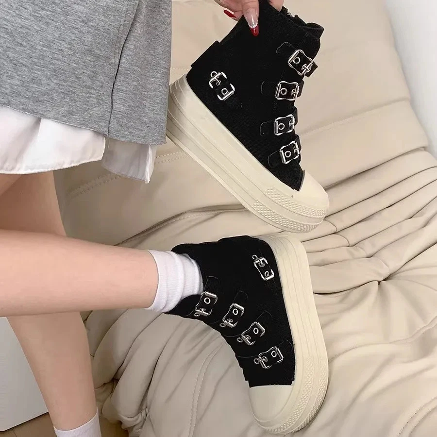  Women High Top Canvas Shoes Buckle Strap Zip Walking High Street Grace Boots - Image 2 of 4