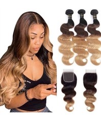 Ombre Honey Blonde Body Wave Bundles with 4x4 Closure 12A Human Hair T1B/4/27