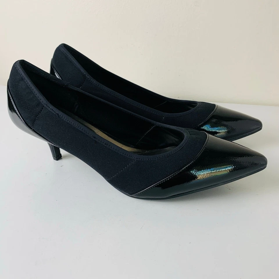 Zapatos de salón East 5th talla 11M para mujer zapatos de tacón de gatito charol negro punta puntiaguda clásicos Foto 2 de 4