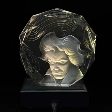 Steuben Art Glass Sculpture Beethoven by Donald Pollard with Lightbase and Folio