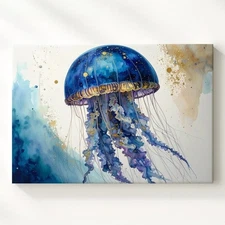 Galactic Jellyfish Watercolor Canvasethereal Marine Illustration Wall Art