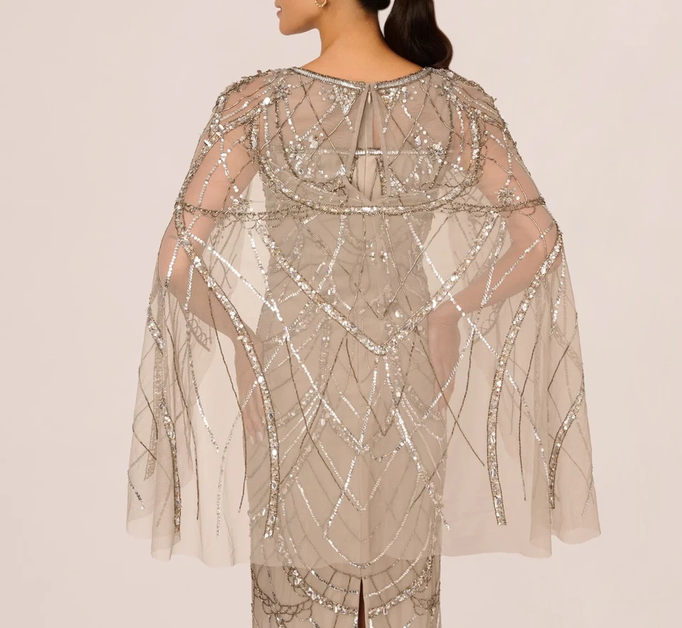 Adrianna Papell Illusion Beaded Cape Gown Silver Platinum sz 6 Modest $450 - Image 4 of 4