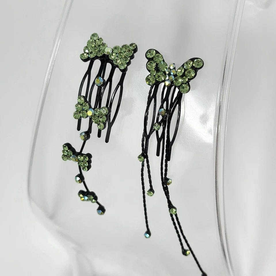 Vintage Green Rhinestone Butterfly Hair Combs Black Metal Dangle Hair Pins Pair - Image 3 of 4