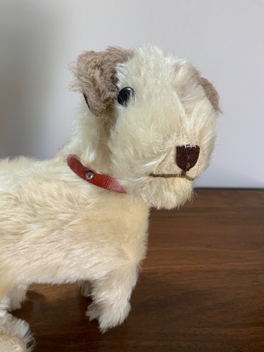 Vintage Antique Mohair Straw Stuffed Wire Fox TERRIER Toy Plush Dog Metal Eyes