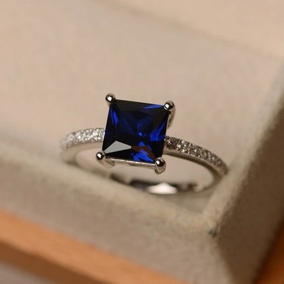 2CT Blue Sapphire Square Gemstone Rose Gold Plated Pave Ring Duty Free