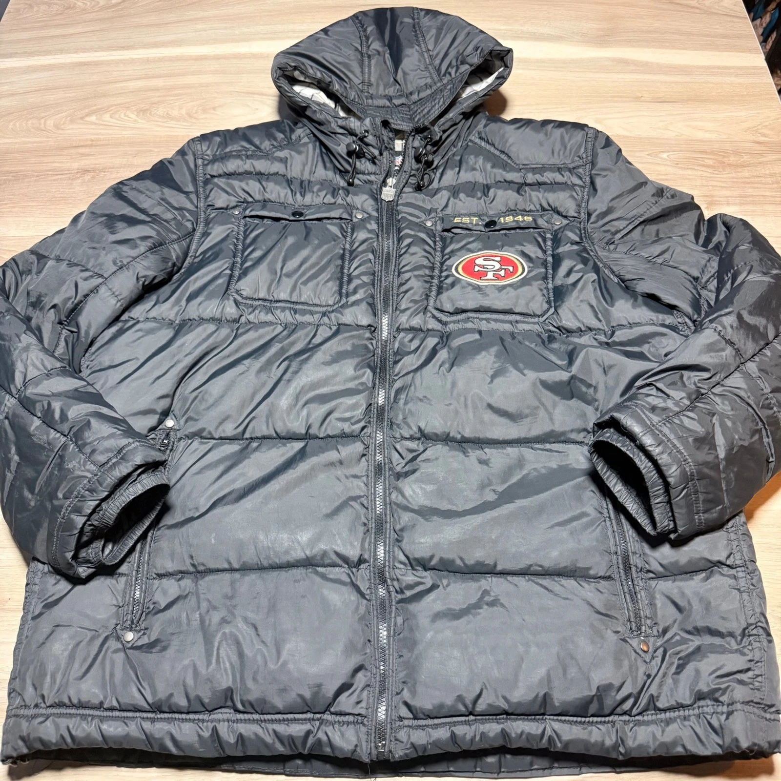 NFL Pro Line VTG San Francisco 49ers Puffer Jacket Mens XXL Black Hooded Padded