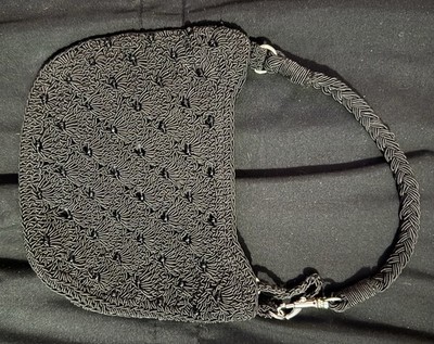 Vintage Black Beaded Crescent Shoulder Bag Zip, Detachable Strap, Vintage