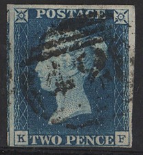 Product Image: GB 1840 2d blue plate 1 KF fu, Manchester '498' numeral 4 margin, tight at base