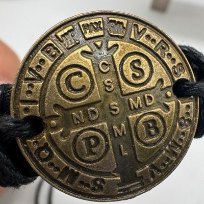 Black Men's Leather Bracelet Religious Catholic Saint St Benedict Medal protect
