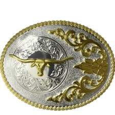 Nocona Western Belt Buckle Steer Oval two tone silver gold color