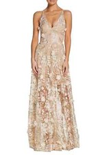 DRESS THE POPULATION Sydney Deep V Neck 3 D Lace Gown, Size S
