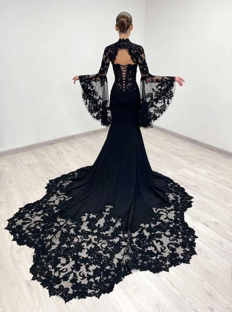 black beach wedding dresses Black Tulle White Lace Tie Shoulder Plunging Neck Boho Bridal Gown, Black / Black main image 0