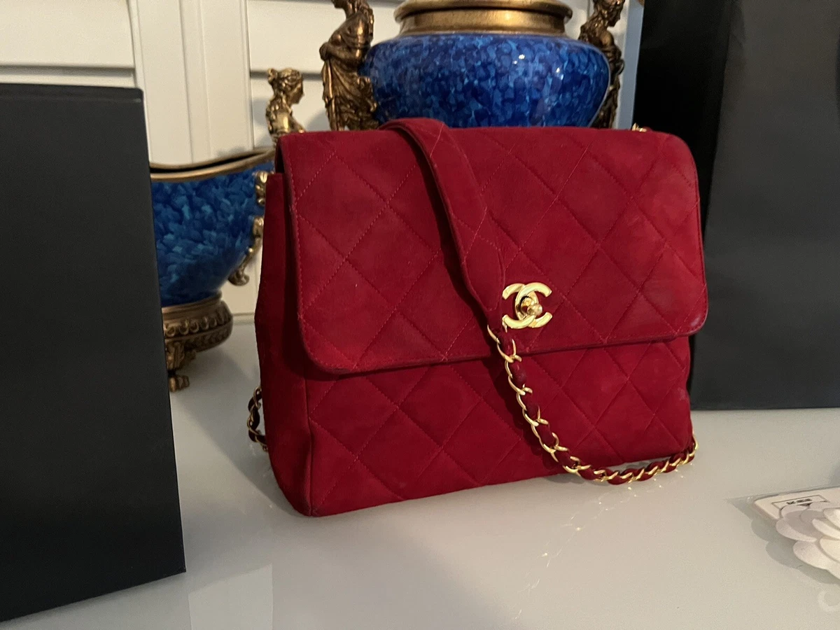 CHANEL CC TURNLOCK BROWN SUEDE LEATHER RED SHEARLING FLAP CLUTCH