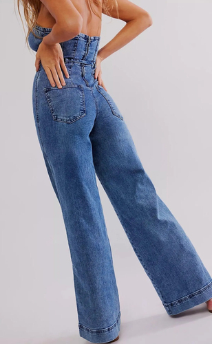 Free People CRVY Femme Fatale Strapless Denim Jumpsuit One Piece Sz 4 NEW - Picture 5 of 12