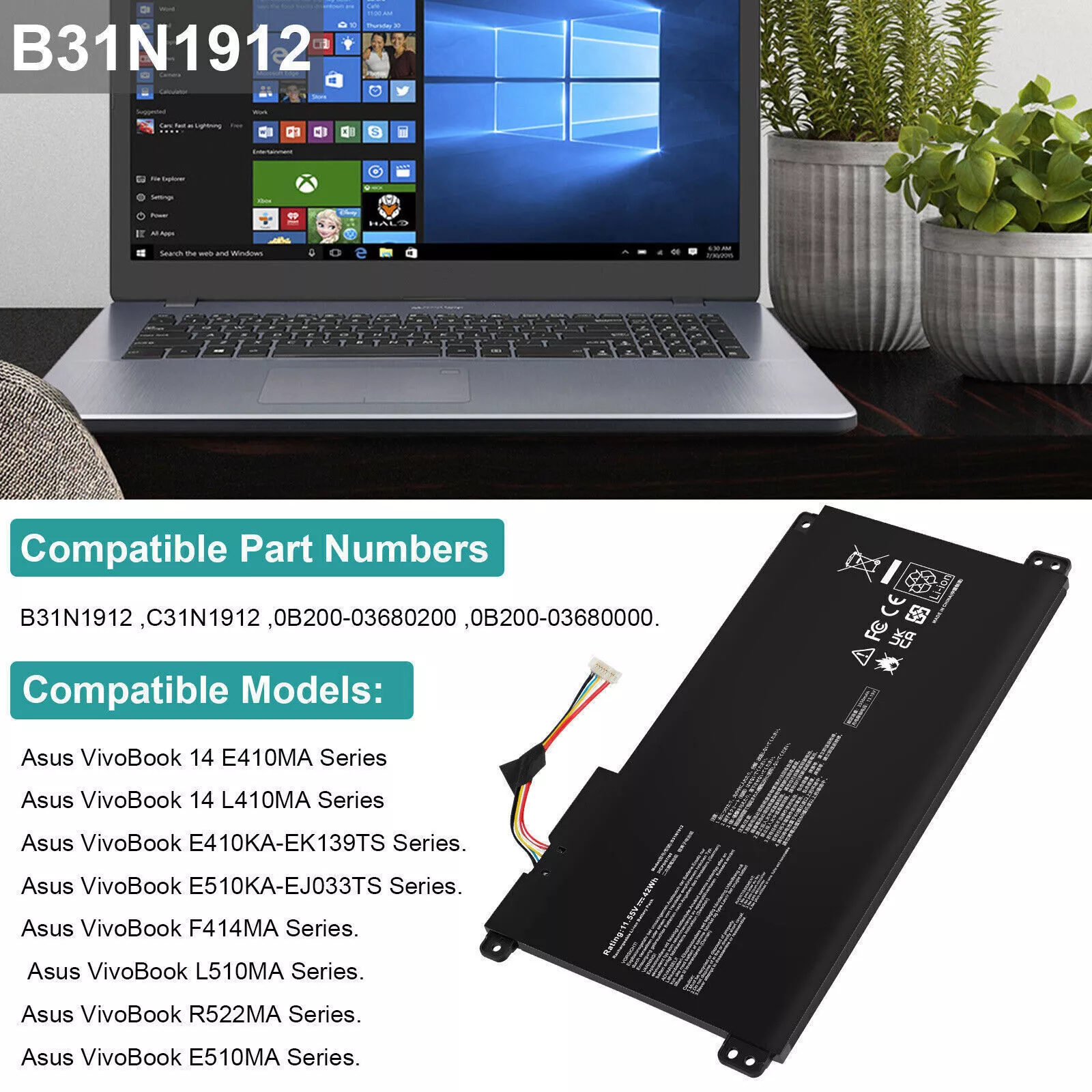 Battery for ASUS VivoBook14 E410M E410MA L410MA E510MA B31N1912 C31N1912