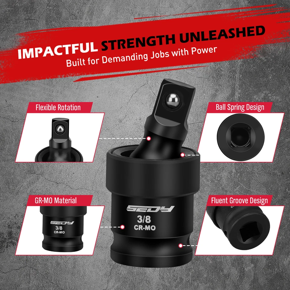 3 PC Pneumatic Impact Universal Joint Socket Set Swivel Ball 1/2" 3/8" 1/4" - Image 2 of 4