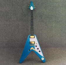 Custom Flying V Metallic Blue Electric Guitar H-H Pickups Strings Thru Body