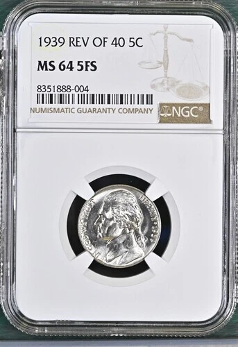 1939 REV of 40 Jefferson nickel graded by NGC MS64 5FS