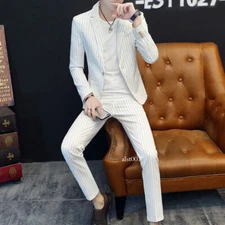 Youth Mens Slim Casual Suit Jacket Pants Handsome British Style Striped 2Pc Set