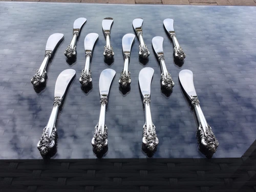 12 MINT PADDLE WALLACE GRANDE BAROQUE STERLING BUTTER KNIFE KNIVES SILVER GRAND