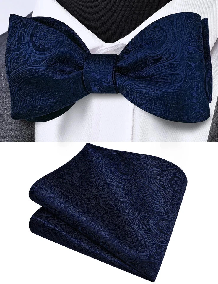 Pajarita azul marino para hombre seda cachemira pajarita pajarita bolsillo cuadrado conjunto para nosotros... Foto 2 de 4