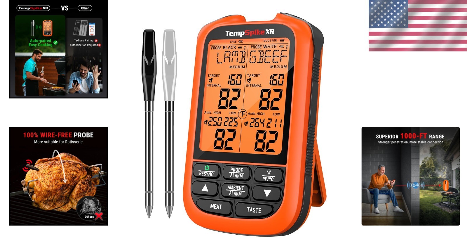 Pro Meat Thermometer Digital 1000ft, Waterproof Probe, Large Display, RF Signal