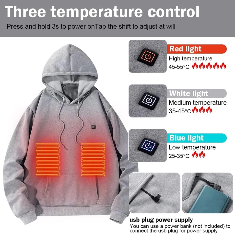 Sweat à Capuche Chauffante Veste pour Homme Femme Électrique Veste Chaude ave... - Photo 3/4