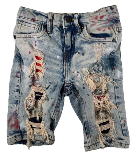 Evolution In Design Denim Shorts Red Paint Splatter Distressed Youth Boys Sz 6 - Picture 2 of 5