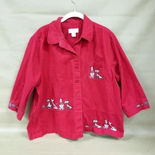 CJ Banks Red Cats Pattern Embroidered Button Down Shirt Women's Sz 1X