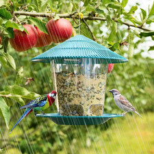Blue Hanging Bird Feeder Outdoor Plastic Seed Dispenser Multi Hole