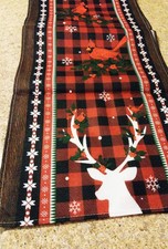 NEW 13"x36" red plaid Christmas Cardinal,deer,snowflake linen table runner