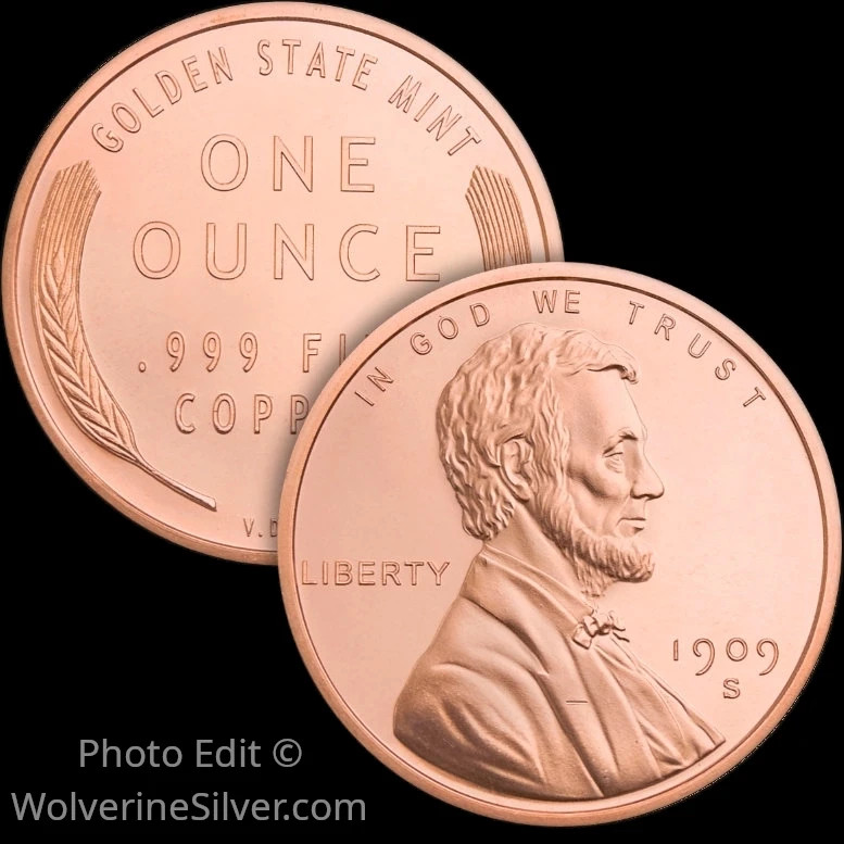 1 Oz. Solid .999 Fine Copper Round - Lincoln Wheat Cent - Golden State Mint