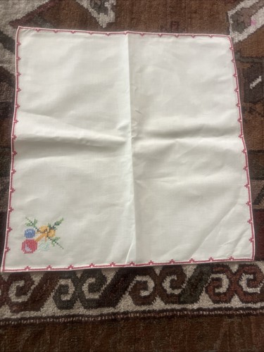 Vintage 7er Set Leinen Tischsets handbestickt Kreuzstich Blume Floral 16x15,5 - Bild 5 von 8