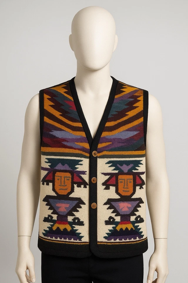 Винтажный сапотек? Оахака? Chimayo? Жилет шерстяной ручной работы Southwestern с геометрическим узором размер XL - Изображение 2 из 4