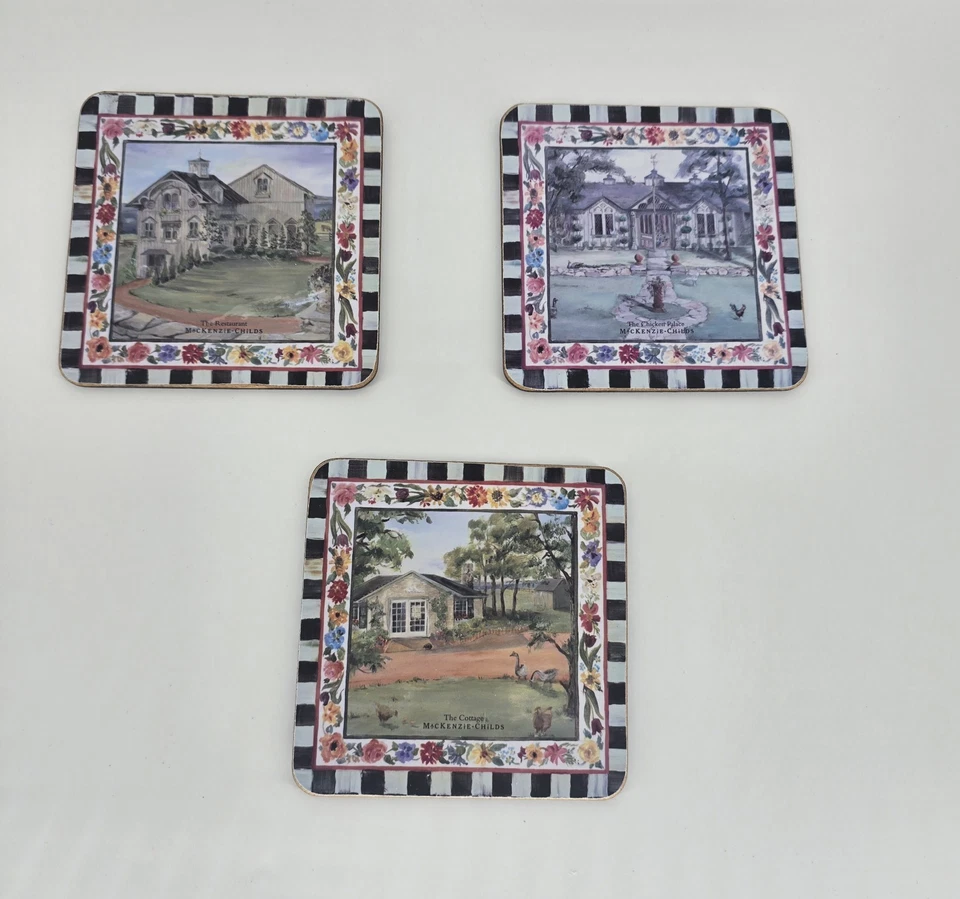 Juego de tres* posavasos Mackenzie Childs MACLACHLAN diseños de casas de campo Foto 3 de 4