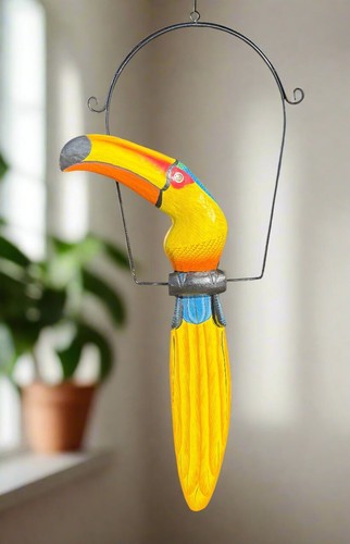 Tropical Blue and Yellow Toucan Hanging Bird Statue Wood Carving 32"x 11" in - Picture 4 of 7