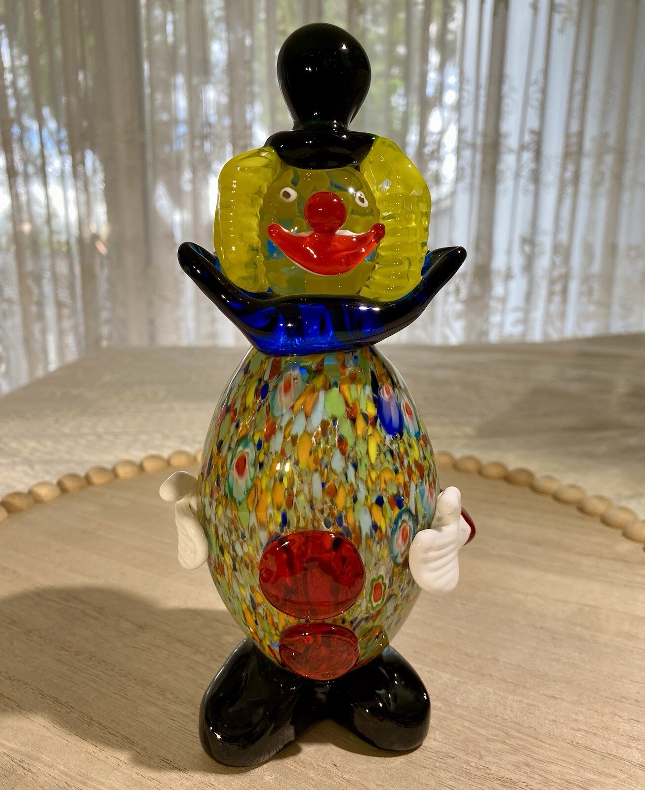 Vintage Multicolor Millefiori Glass Clown with Green Hat 8 Inches Tall