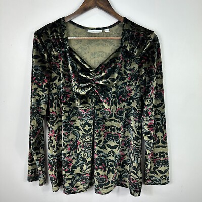 Susan Graver Velvet Top Women M Long Sleeve Floral Ruched Dark Fairy Earthy