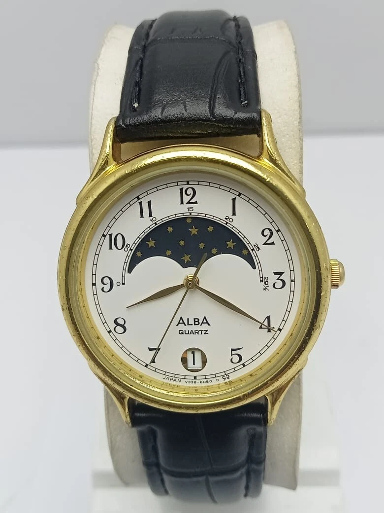Seiko Alba Quartz V338-6020 Moon Phase Vintage Unisex Watch