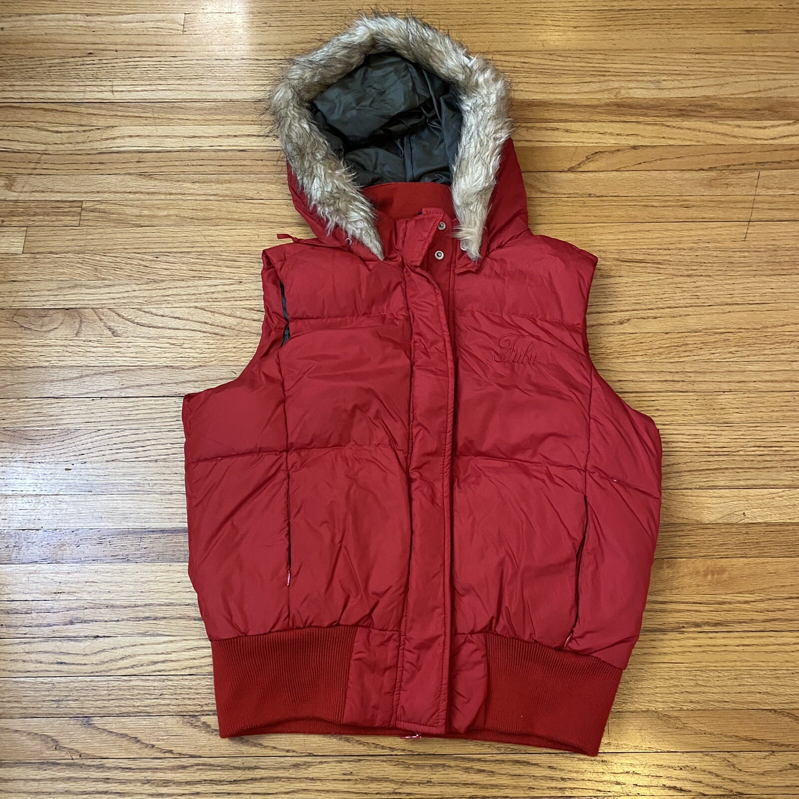 Red Hooded Puffer Vest Fur Hood 