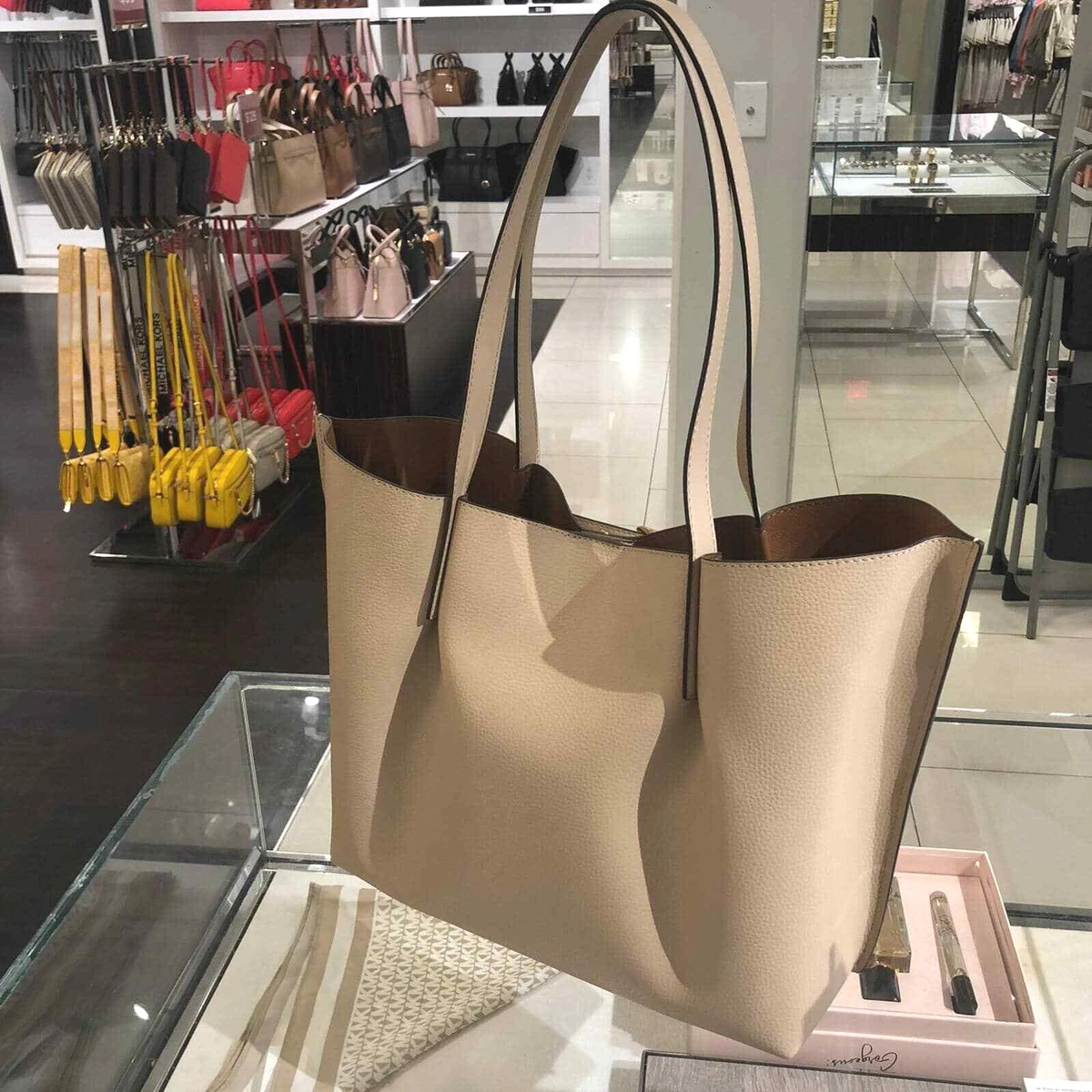 Buy the Michael Kors Tote Bag White, Khaki, Brown