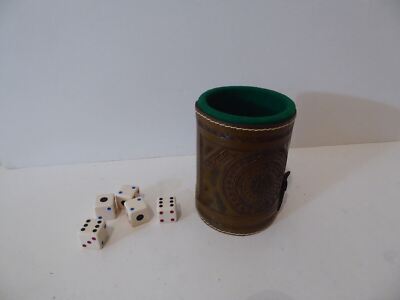 Bar Dice Hand Tooled Leather Wrapped Cup Shaker Storage, Mexico, Vintage (S3