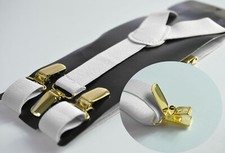 White Suspenders Braces with Gold Golden Metal Clips for Men Youth Boys Kids
