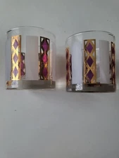 Vintage Mcm Juice Cocktail Glass Set of 2 Purple White Gold Stripes Diamond