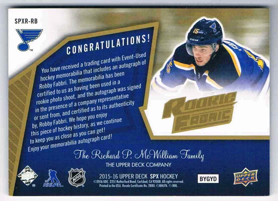 2015-16 SPX ROBBY FABBRI AUTO JERSEY 1 COLOR 224/299 CS ST LOUIS BLUES #SPXR-RB - Image 2 of 2
