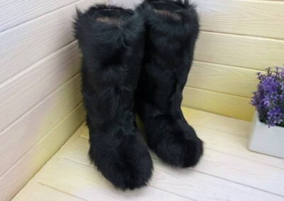 Black Goat Fur Boots for Women, Womens Furry Snow Shoes, Moutons
