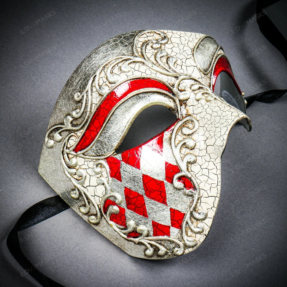 Máscara Phantom Crackle Rojo Plata Lujo Veneciana Media Cara Mascarada Baile Fiesta Foto 4 de 4