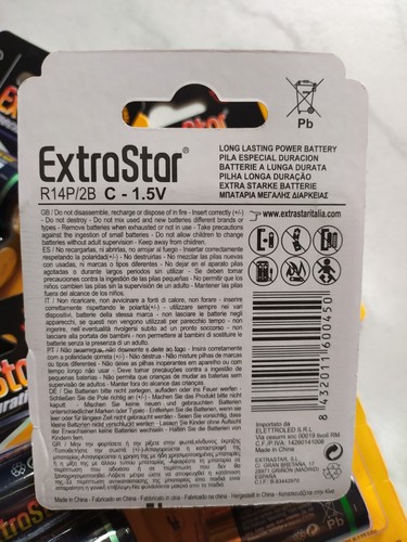 12 BATTERIE PILE EXTRASTAR MEZZA TORCIA R14P/2B 1,5V LUNGA DURATA BATTERIA PILA - Foto 5 di 5