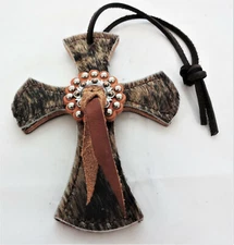 Hair On Cowhide Saddle Cross Leather Spotted Slotted Concho Horse Crucifix Tie